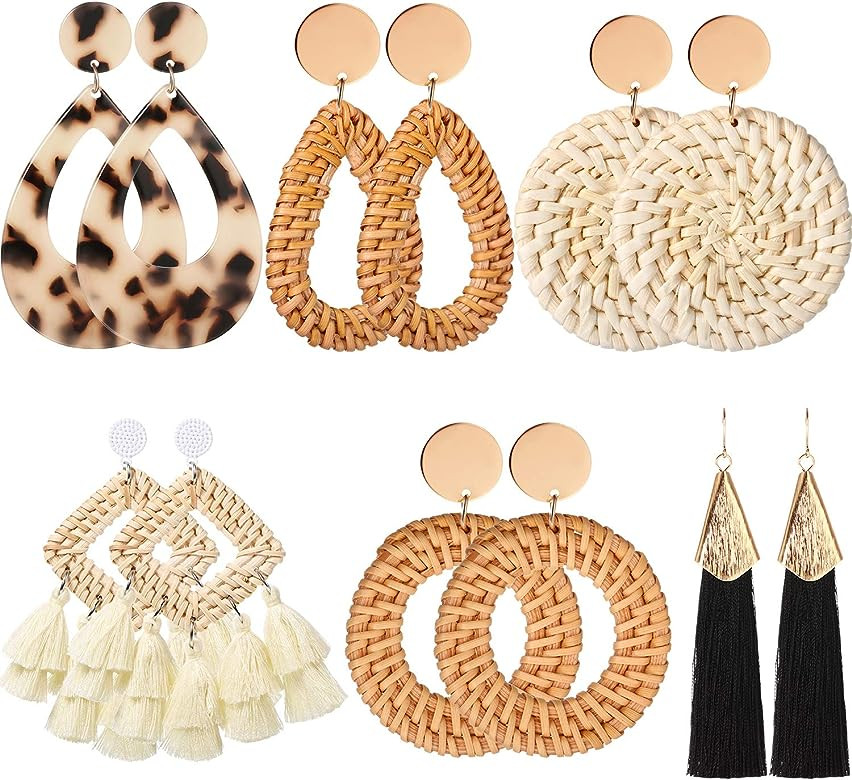 6 Pairs Rattan Earrings Straw Earrings Tassel Woven Bohemian Earring Handmade Wicker Braid Hoop Drop | Amazon (US)