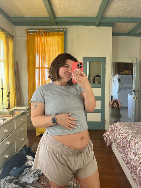 Here’s the first official bump pic! Wearing my comfy Abercrombie gym shorts in size XL. This top is from Everlane many years ago and I’m wearing it in a medium (I would probably be an XL lol) and it’s also shrunk sooo it fits me very differently haha  

#LTKbump #LTKcurves #LTKFitness