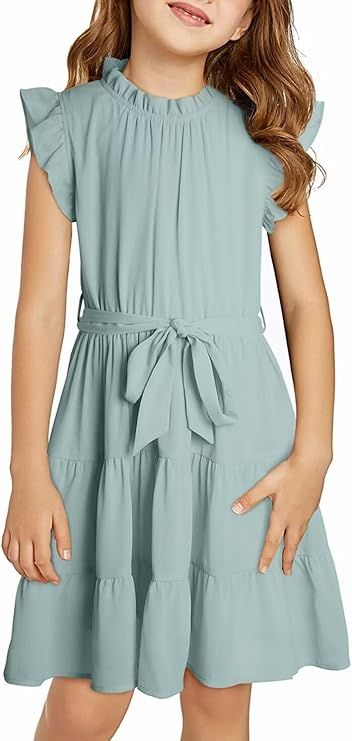Tween Girls Dresses Elegant Sleeveless Ruffle Flowy Dress with Belt 6-13 Years | Amazon (US)