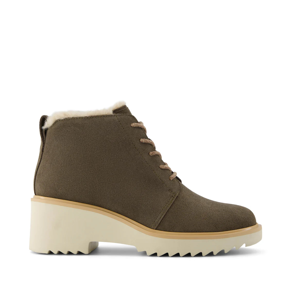 Maude Lace Up Olive Suede Faux Fur Wedge Boot | Toms EMEA