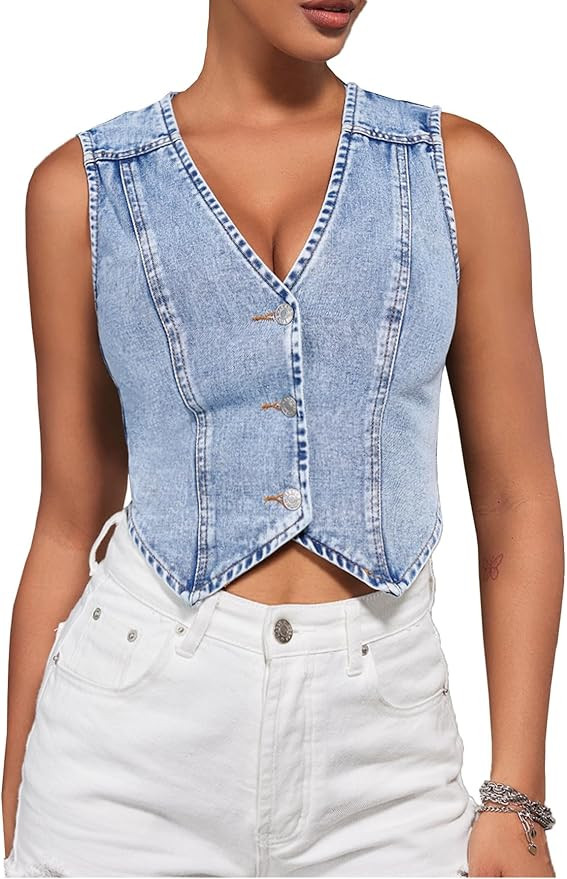 SHENHE Women's Denim Vest Button Down Sleeveless Jean Vest Top Y2K Cropped Denim Jacket Country F... | Amazon (US)