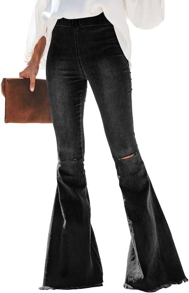 Women Destoryed Flare Jeans Elastic Waist Bell Bottom Raw Hem Denim Pants | Amazon (US)