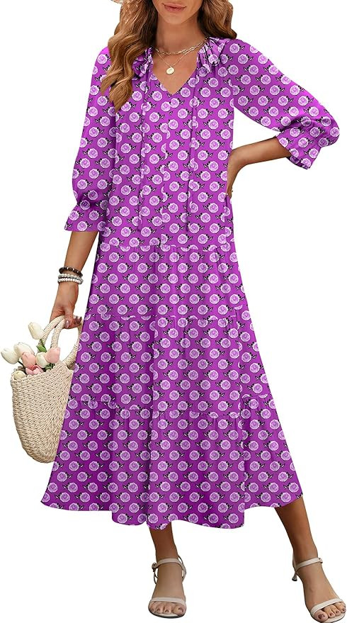 ANRABESS Women Boho Floral Maxi Dresses Summer Puff Sleeve V Neck Beach Swing Casual Flowy Tiered... | Amazon (US)