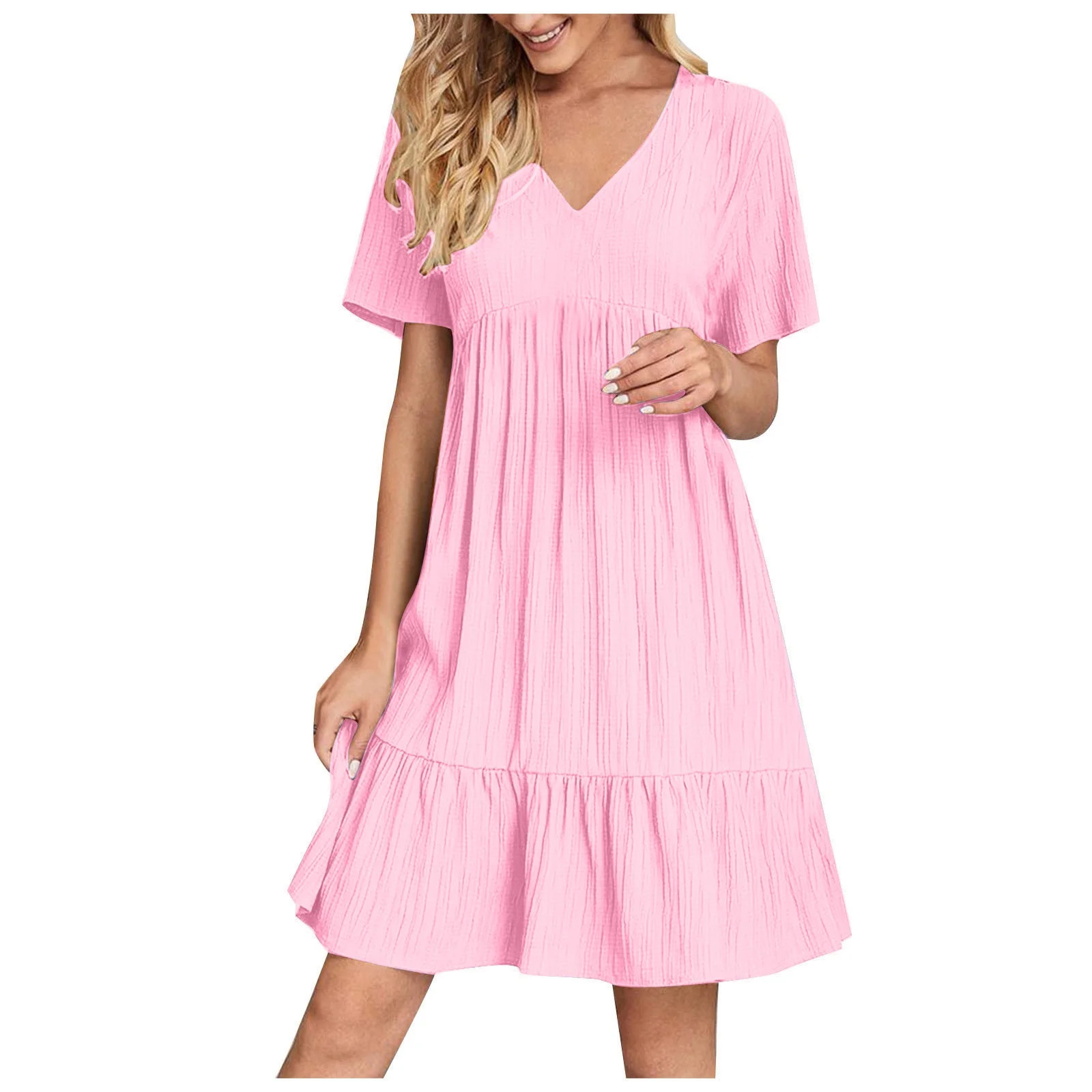 Busydd Plus Size Womens Dresses S-5XL Solid Color V Neck Sundresses for Women Trendy Flowy Short ... | Walmart (US)