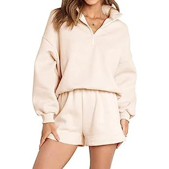 AUTOMET Women's Lounge Sets Two Piece Outfits Long Sleeve Shirts & Drawstring Shorts Tracksuit Sw... | Amazon (US)