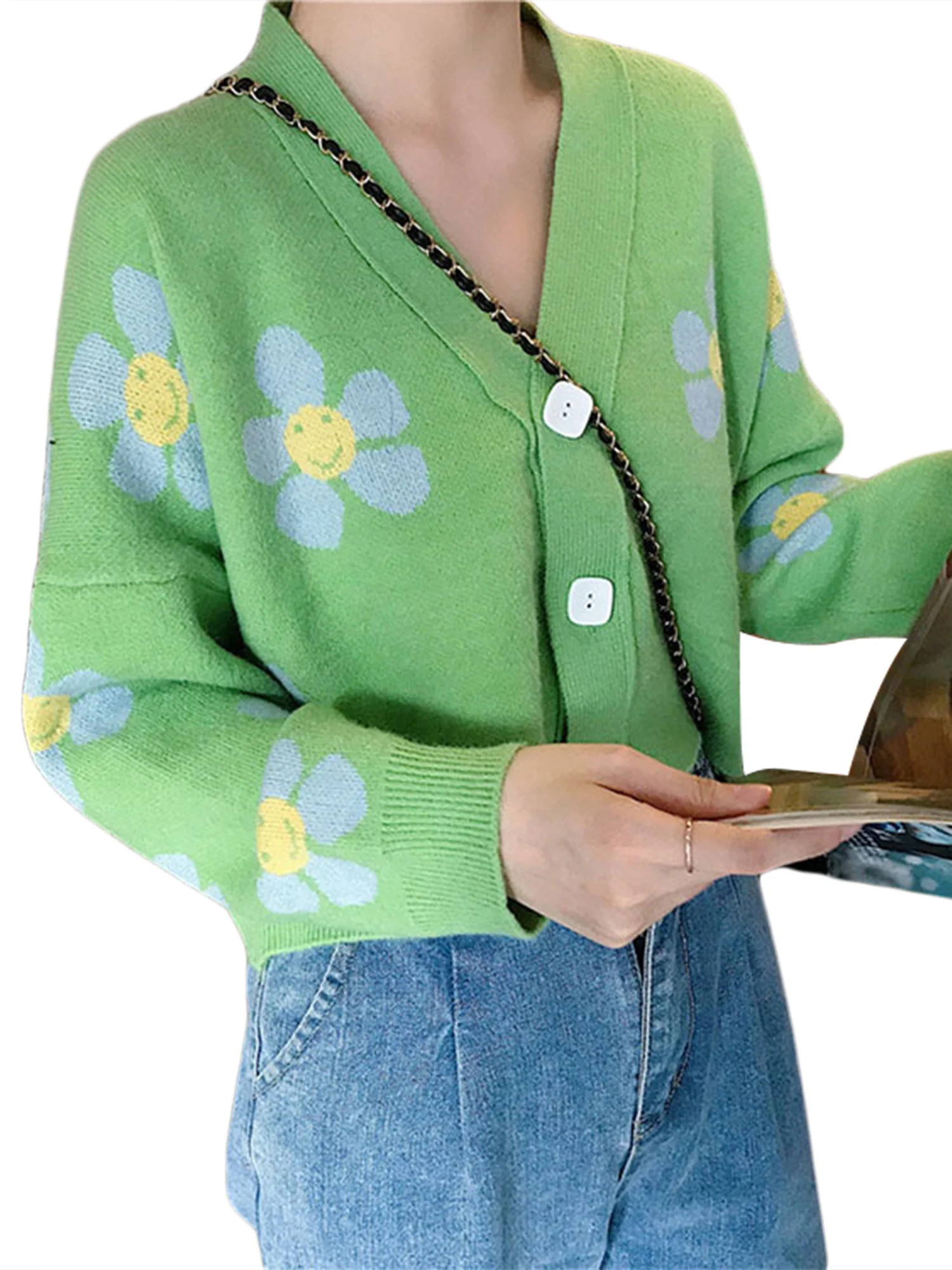 Women's Y2K Floral Print Sweater V Neck Long Sleeve Cardigan Knitwear Sweater Open Front Button D... | Walmart (US)