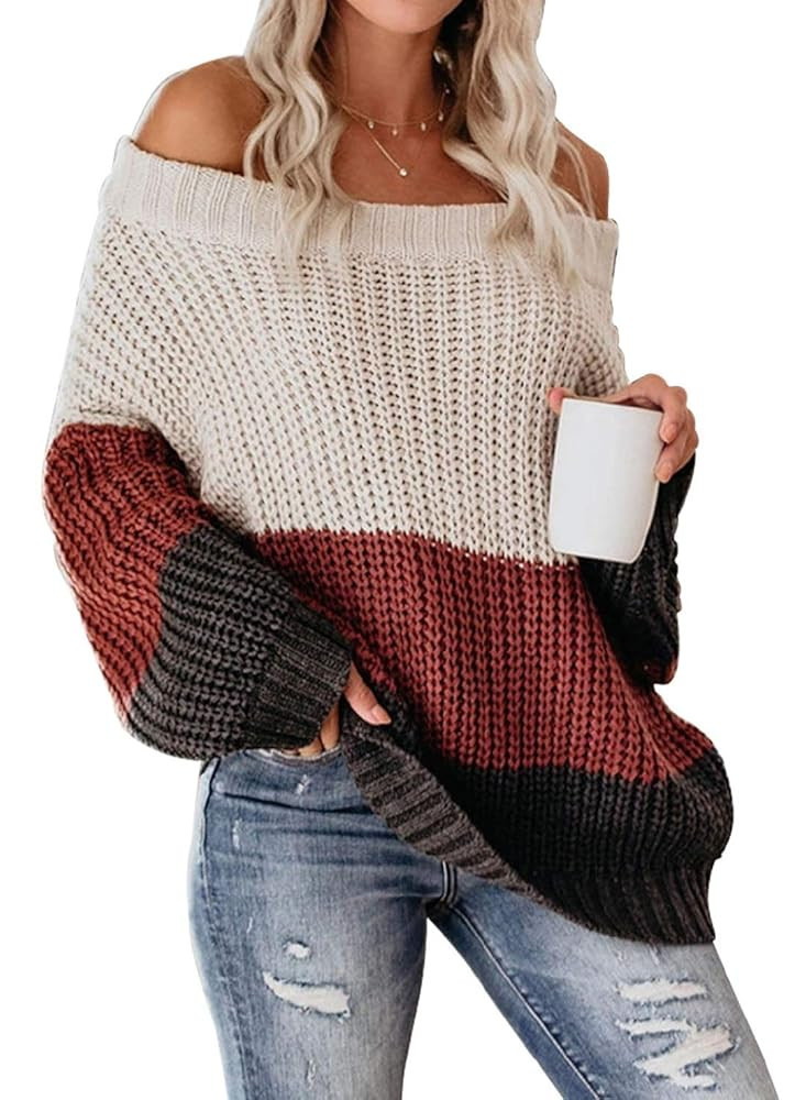 VIMPUNEC Womens Oversized Sweater Color Block Off The Shoulder Pullover Sweaters Cable Knit Chunk... | Amazon (US)