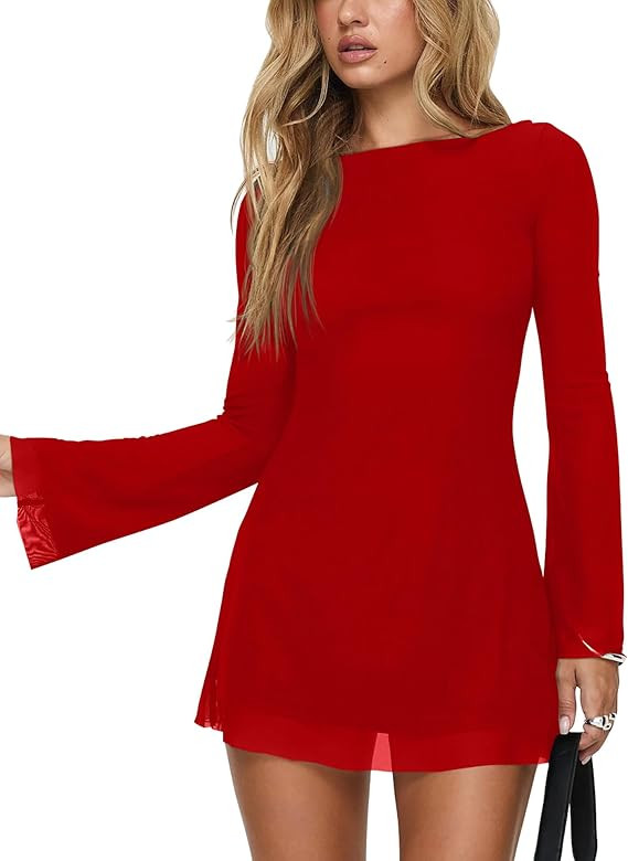 GOBLES Women's Sexy Long Flare Sleeve Boat Neck A-line Mini Cocktail Party Dress | Amazon (US)