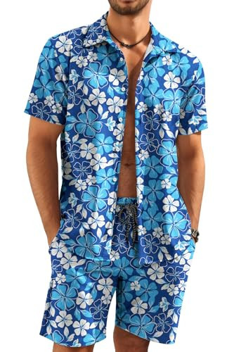 KYKU Men 2 Piece Short Sets Outfits Summer Button Up Shirts, Flower Blue, XL | Amazon (US)
