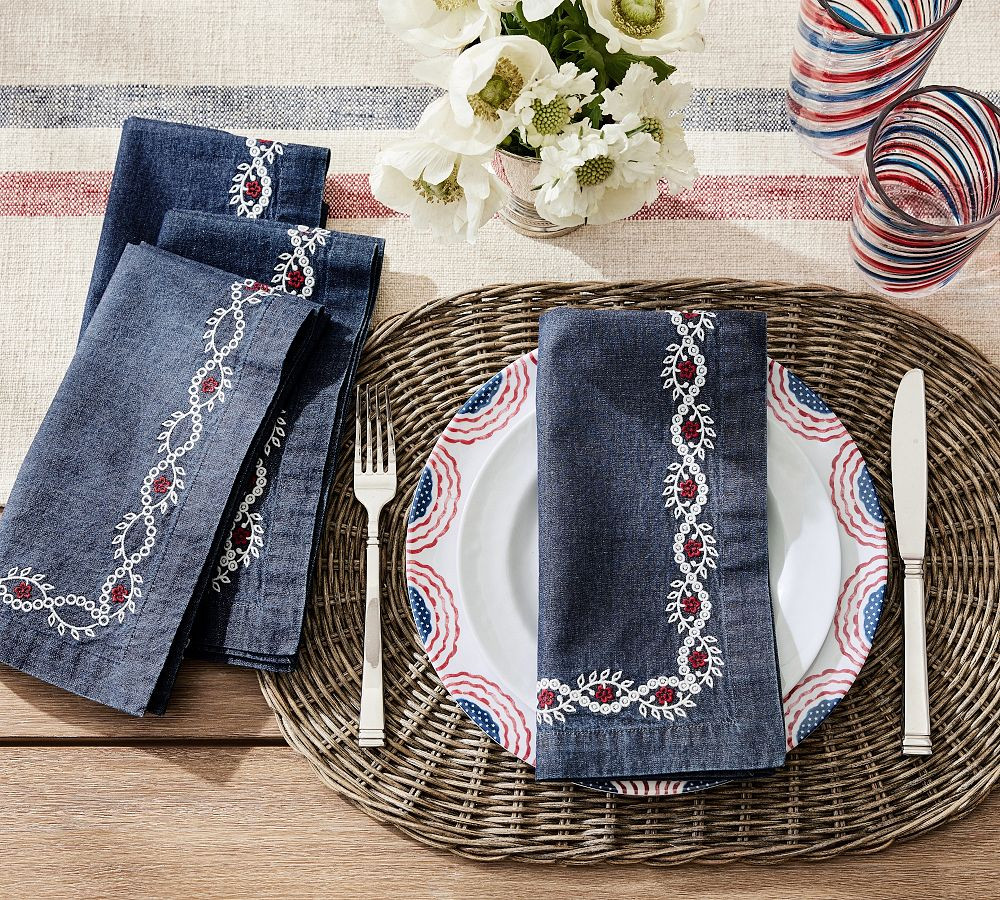 Denim Embroidered Cotton Napkins - Set of 4 | Pottery Barn (US)