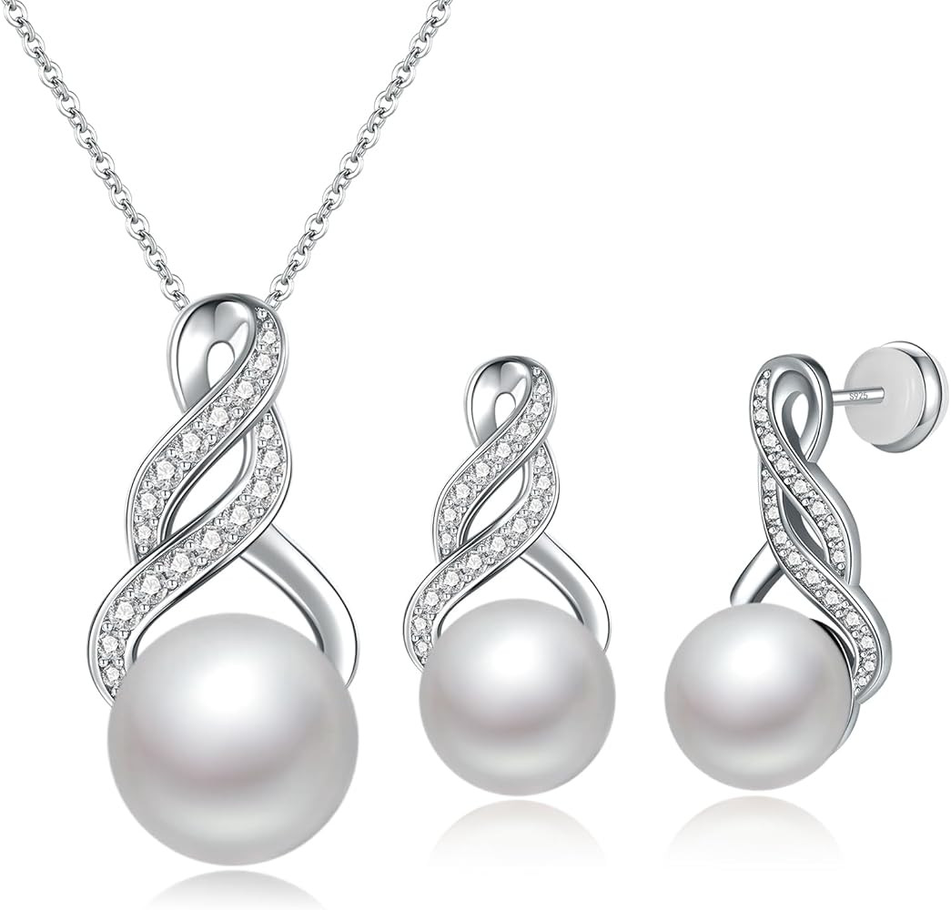 Pearl Necklace and Earring Set for Women - 925 Sterling Silver Pearl Jewelry Set Rhodium/Gold Pla... | Amazon (US)