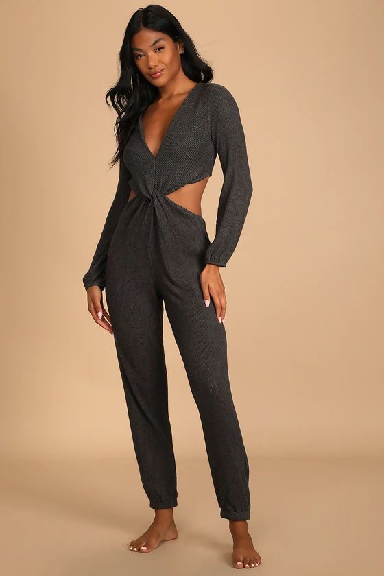 Lounge Time Charcoal Grey Ribbed Twist-Front Lounge Jumpsuit | Lulus (US)