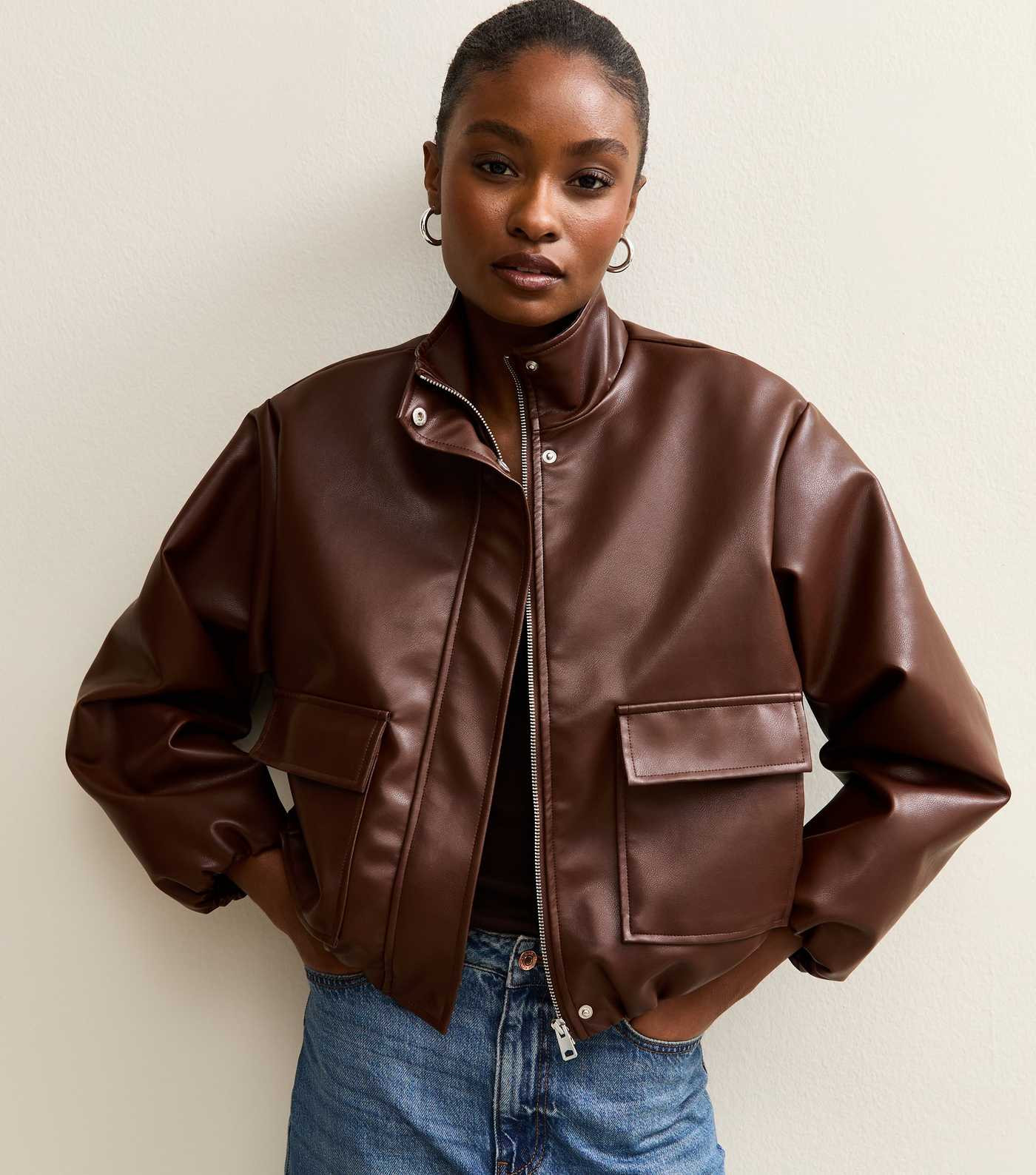 Dark Brown Faux Leather Funnel Neck Bomber Jacket | New Look | New Look (UK)