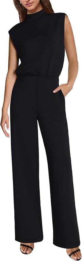 Womens Jumpsuits Dressy Casual One Piece Outfits Sleeveless Mock Neck Wide Leg Pants with Zipper ... | Amazon (US)