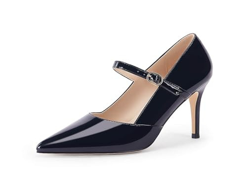 Coutgo Womens Mary Jane Pumps Stiletto High Heels Closed Pointed Toe Buckle Strap Patent Leather Dress Wedding Party Shoes Black | Amazon (US)