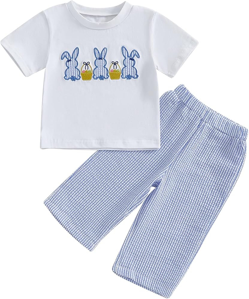 Easter Baby Boy Outfit Bunny Embroidery Short Sleeve T-Shirt Tops Plaid/Striped Pants Set Toddler... | Amazon (US)