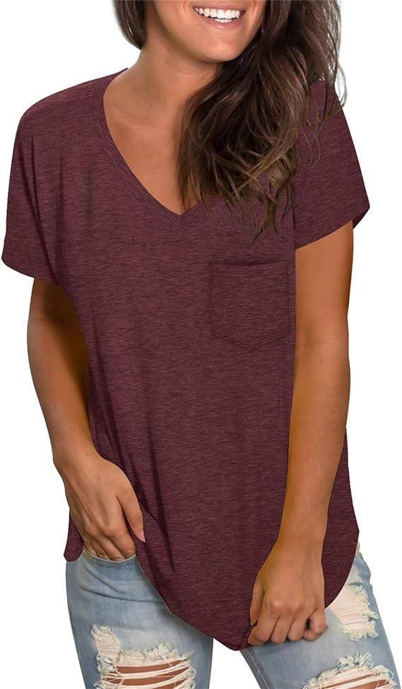 WEESO Women's V Neck Short Sleeve T Shirts with Pocket Drop Tail Hem Relaxed Fit Tees | Amazon (US)