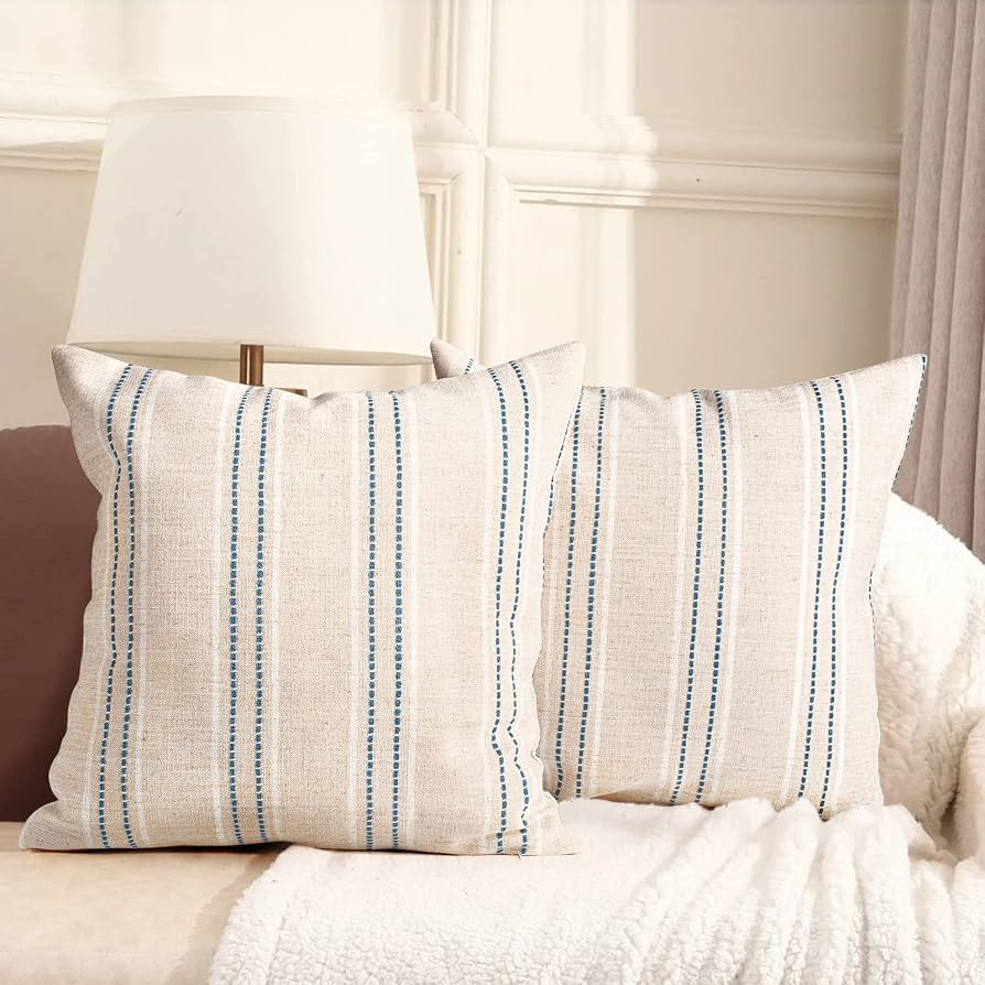 AELS 20x20 Decorative Farmhouse Linen Throw Pillow Covers, Boho Textured Pillow Case, Set of 2,Be... | Amazon (US)