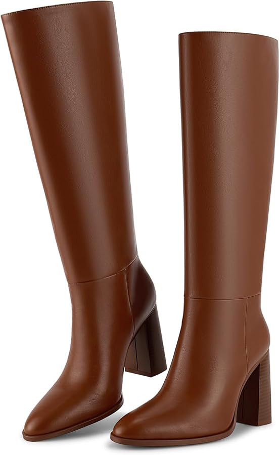 wetkiss Pointed Toe Knee High Boots Women Chunky Heel Wide Calf Pull On Tall Boots for Work Date ... | Amazon (US)