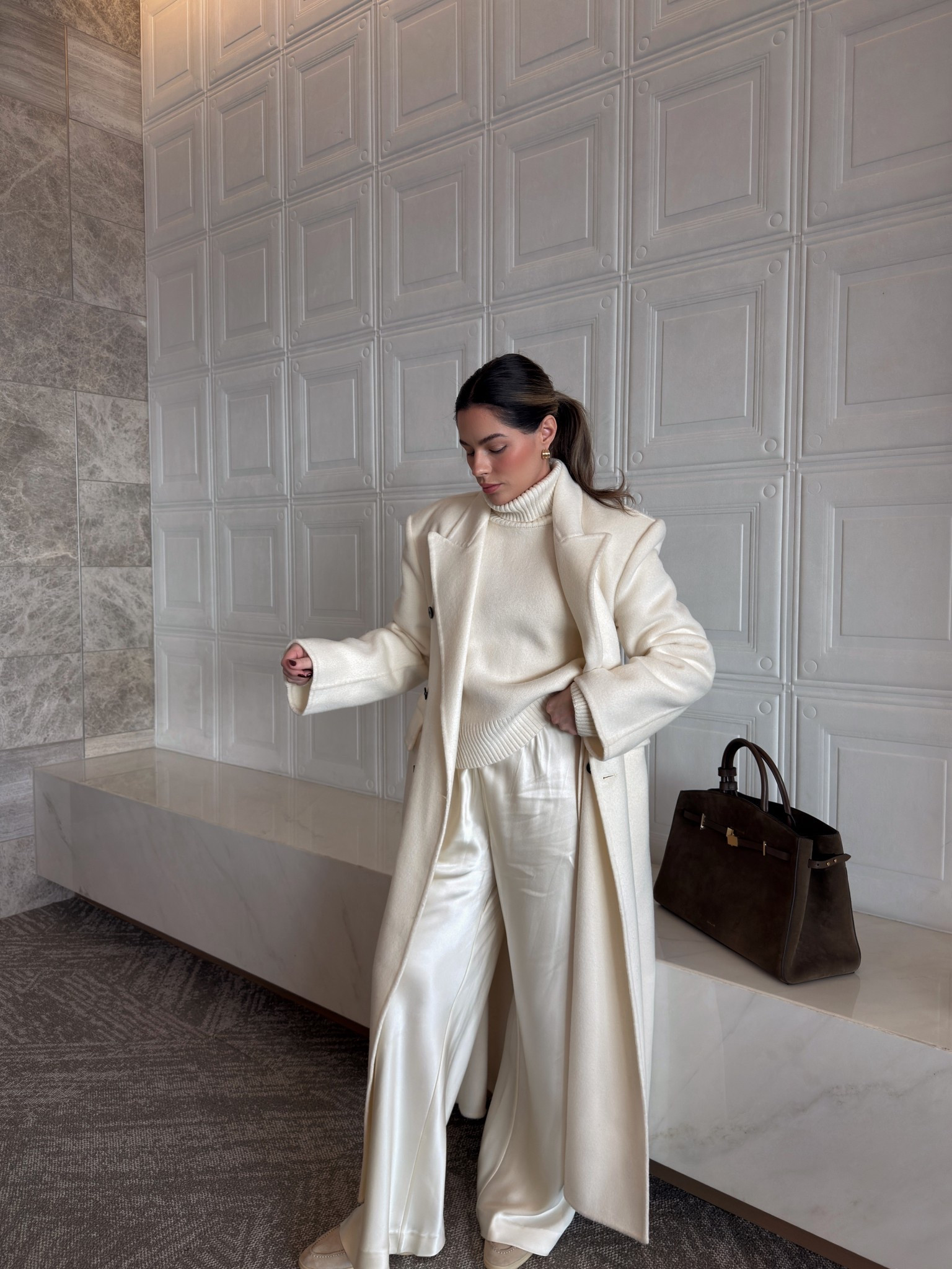 Turtleneck knit top and silky satin pants 

#LTKdayinmylife