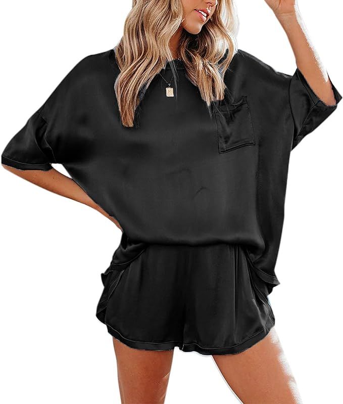 Metietila Women's Silk Satin Pajamas Set Short Sleeve Pj Sets Shorts Sleepwear Loungewear Two-Pie... | Amazon (US)