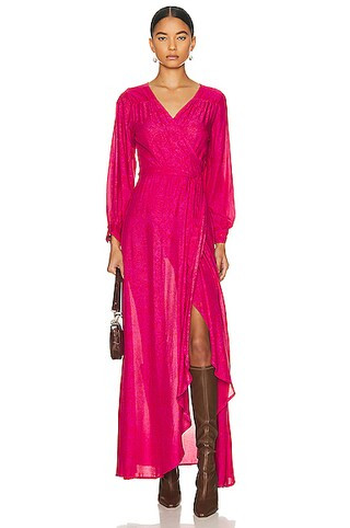 Natalie Martin Kate Long Sleeve Maxi Dress in Shangri-la Print Raspberry | FWRD | FWRD 