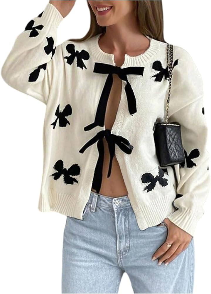 SHENHE Women's Tie Front Bow Cardigan Sweater Crew Neck Loose Fit Coquette Knit Sweater | Amazon (US)