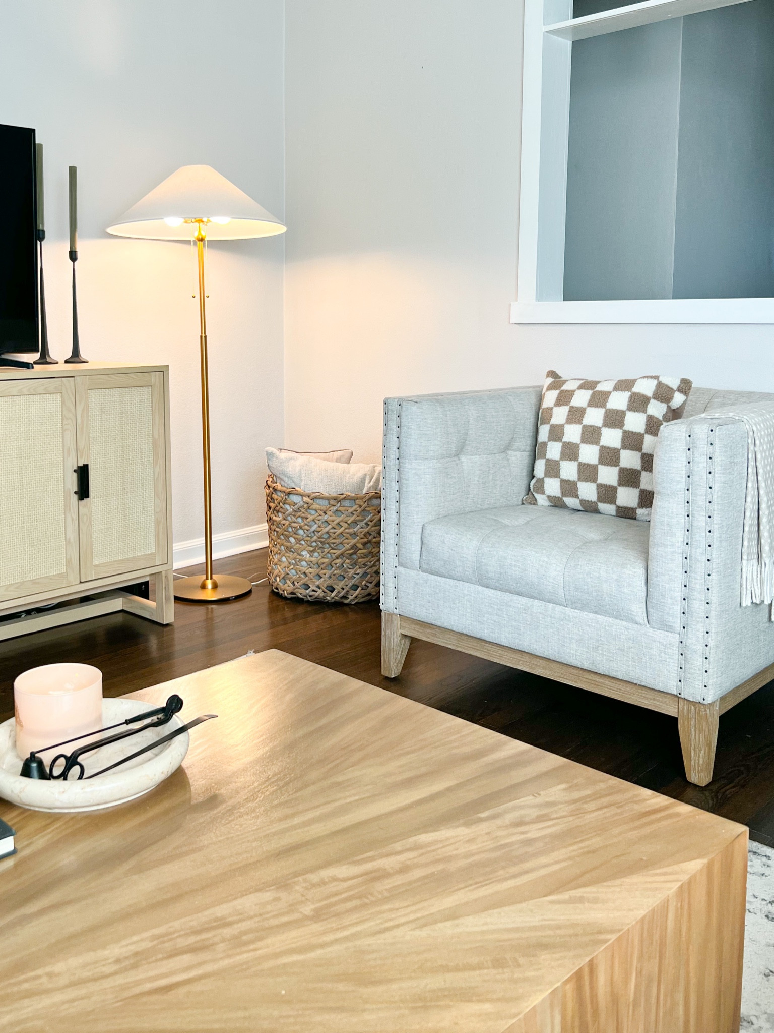 New checker pillow covers are under $15 each and great quality, love this floor lamp from studio mcgee. Living room furniture, lighting, accent chair 

#LTKunder100 #LTKhome #LTKstyletip