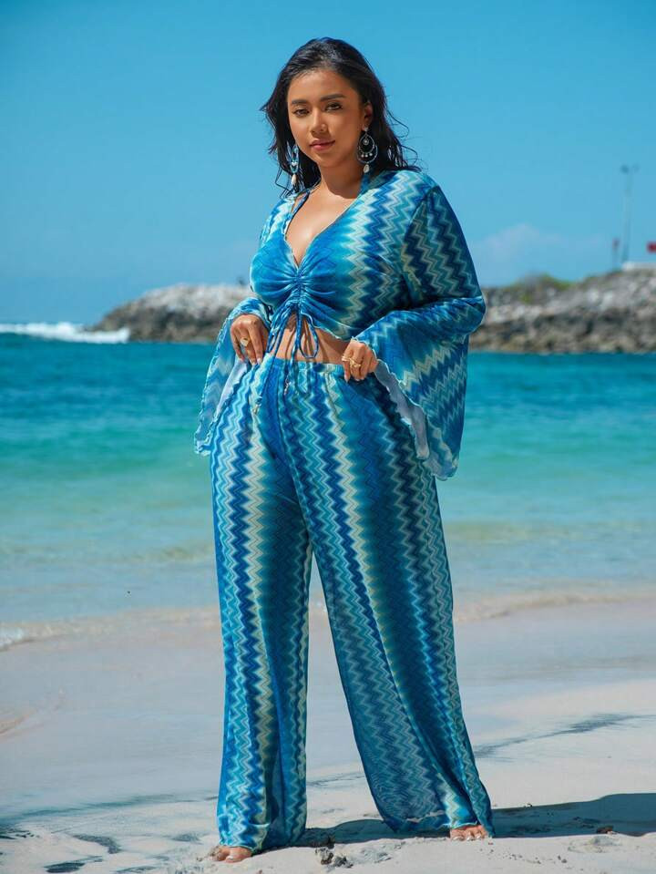Swim Vcay Plus Size Women's Summer Beach Wavy Halter Tri-Angle Bikini Set With Swimwear Cover Up ... | SHEIN