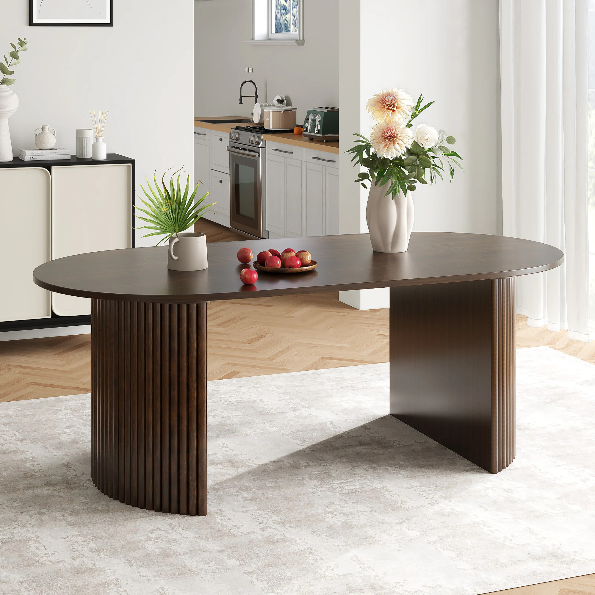 Dovelina Solid Wood Modern Dining Table Kitchen Table with Fluted Base for 6 People one_size in Brown | LS0102-092503 | Lowe's