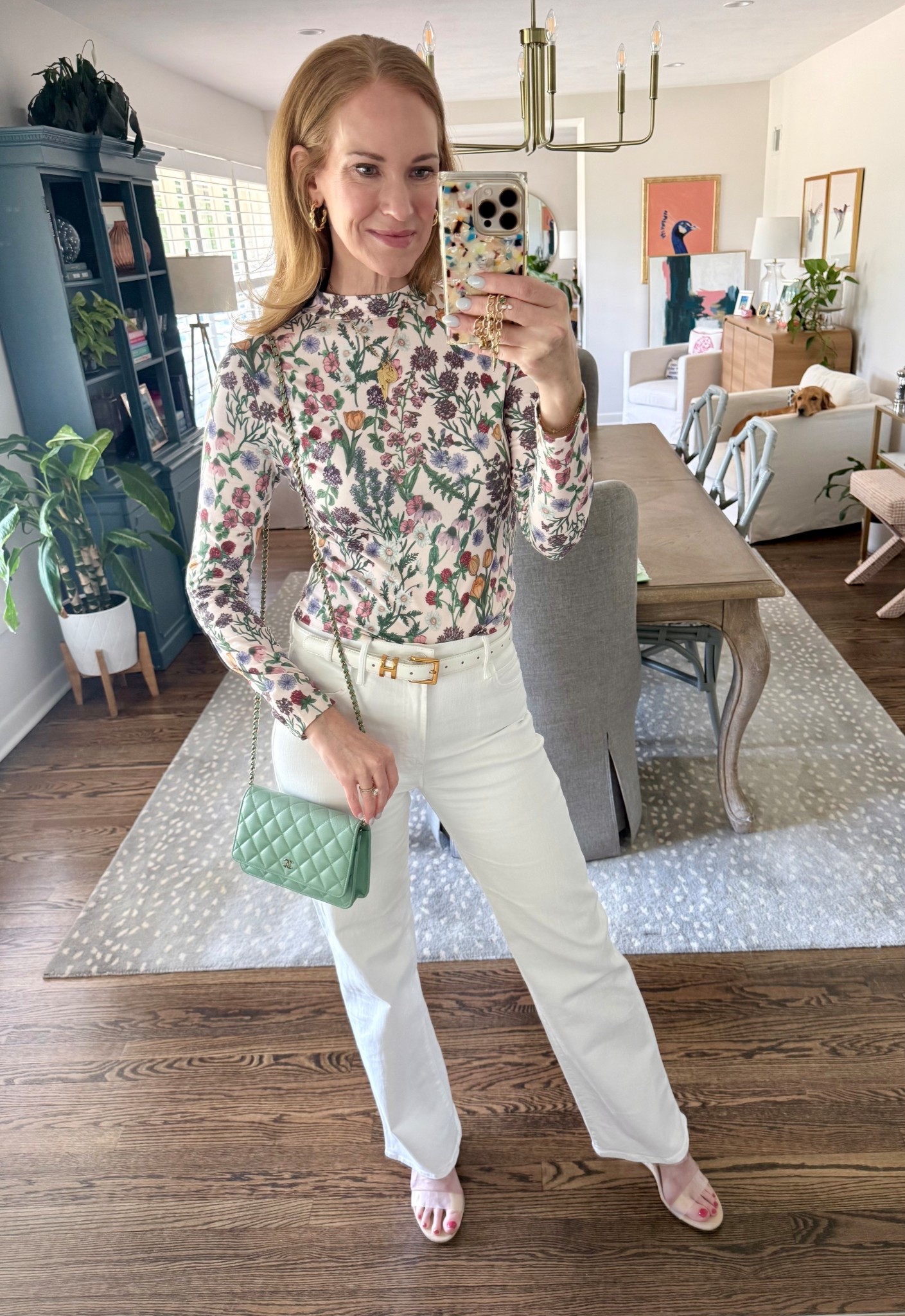 Spring celebration! Perfect floral mock neck from Amazon for under $20! My favorite white jeans and cutie green Chanel bag! 🌸

#LTKSeasonal #LTKootd #LTKOver40