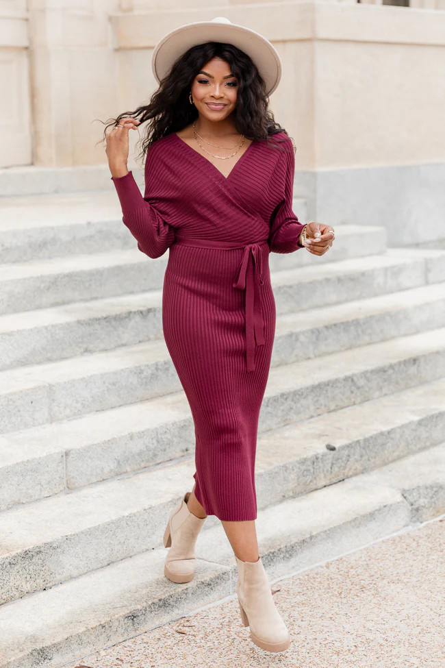 Main Event Wine Midi Wrap Sweater Dress | Pink Lily