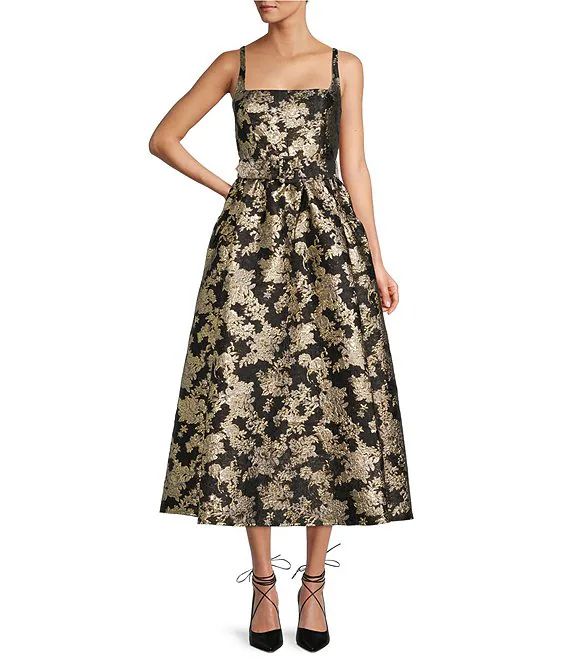 Morgan Sleeveless Square Neck Jacquard A-Line Tea Length Dress | Dillard's