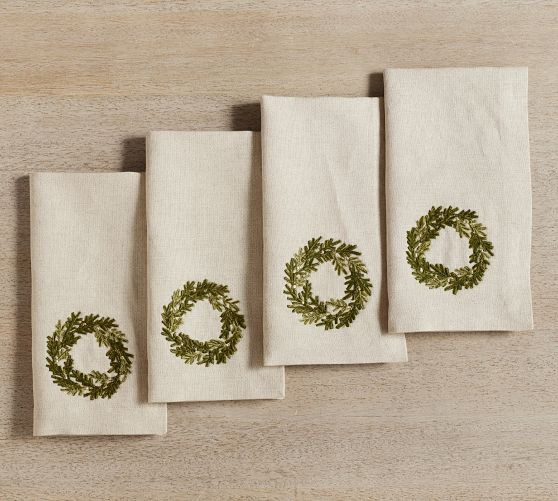 Rustic Wreath Embroidered Cotton/Linen Napkins - Set of 4 | Pottery Barn (US)