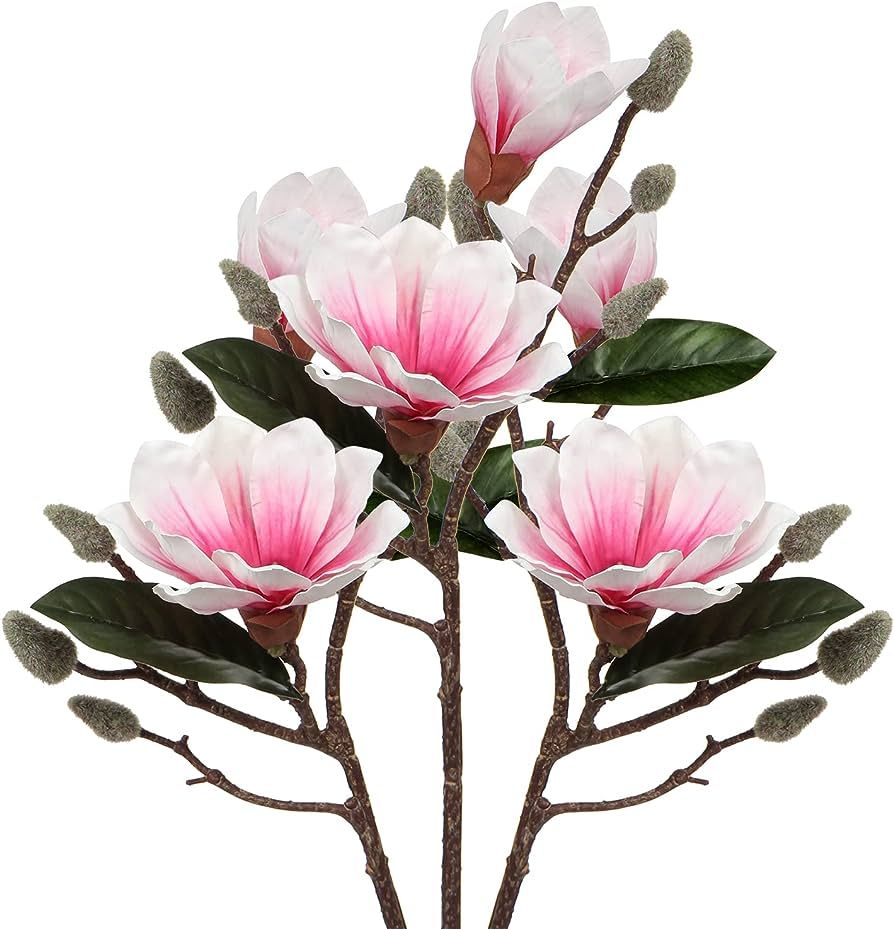 DILATATA Magnolias Artificial Flowers 3Pcs Silk Magnolias Stems Faux Magnolia Flowers 17.7" Real ... | Amazon (US)