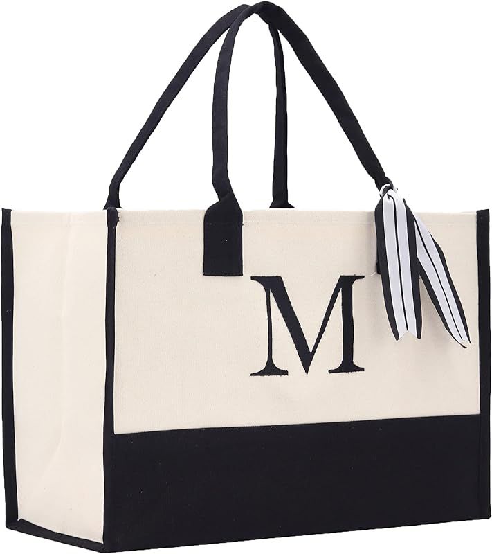 Premium Quality Personalized Gift Monogram Initial 100% Cotton Two Tone Chic Tote Bag with Customize | Amazon (US)