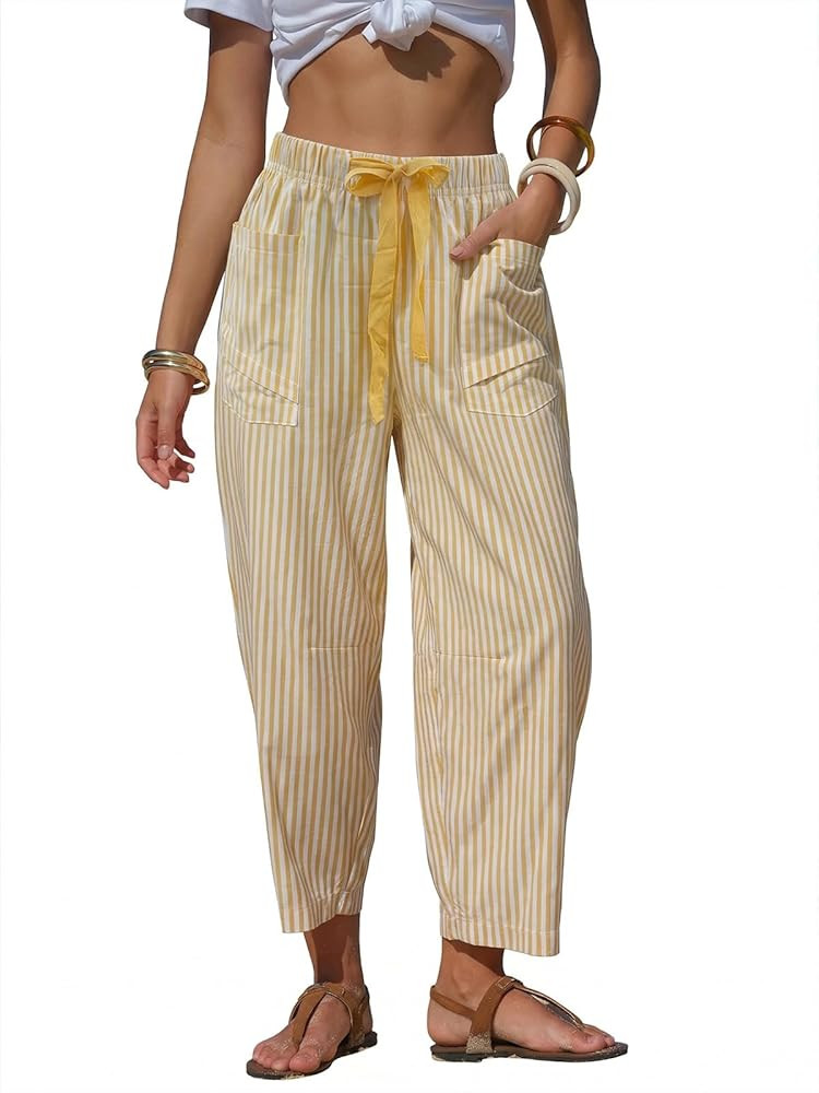 EXLURA Womens Faux Linen Striped Barrel Pants Comfy Drawstring Capri Pant with Pockets Summer Bea... | Amazon (US)