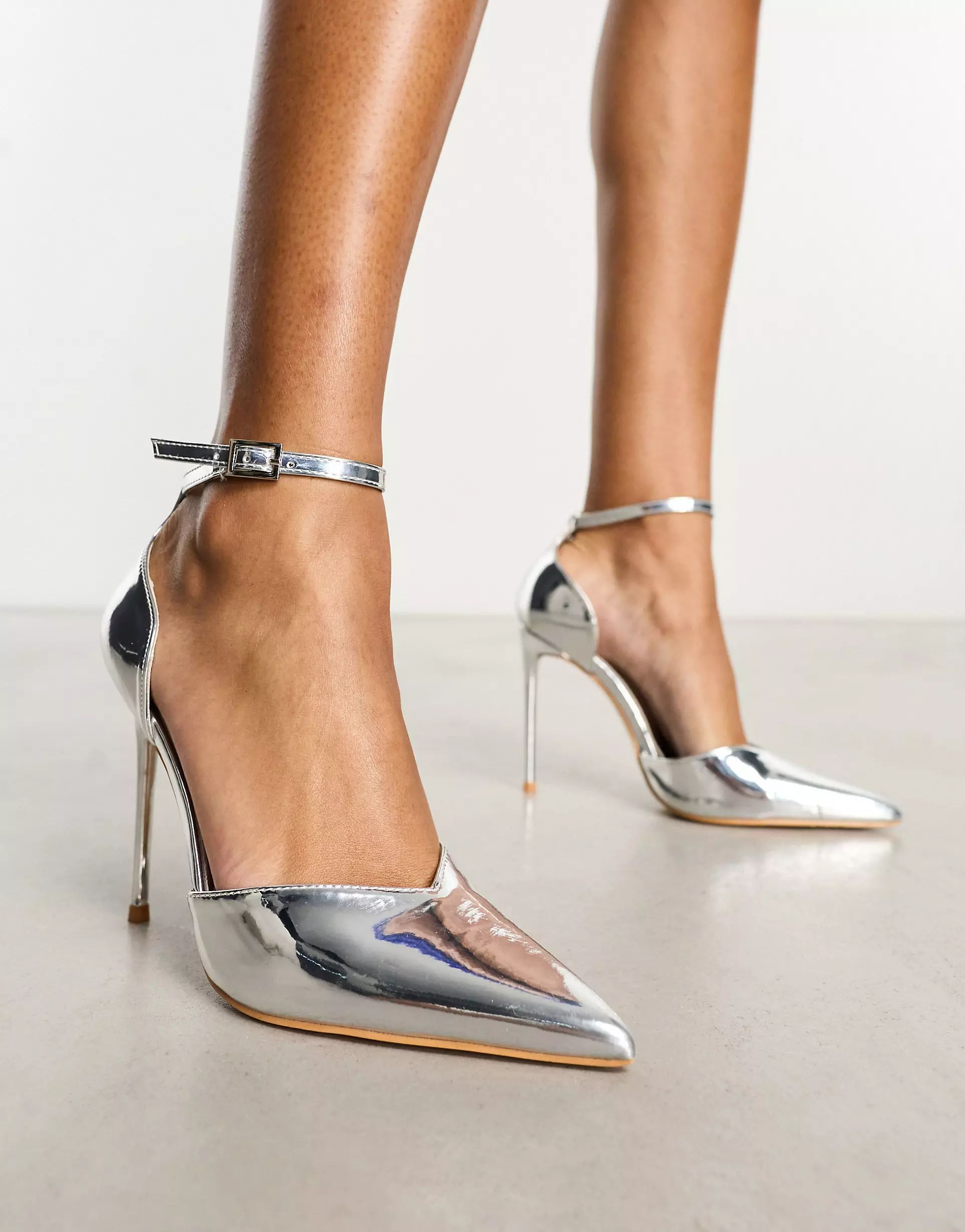Public Desire Manifest mirrored heeled shoe in silver | ASOS (Global)