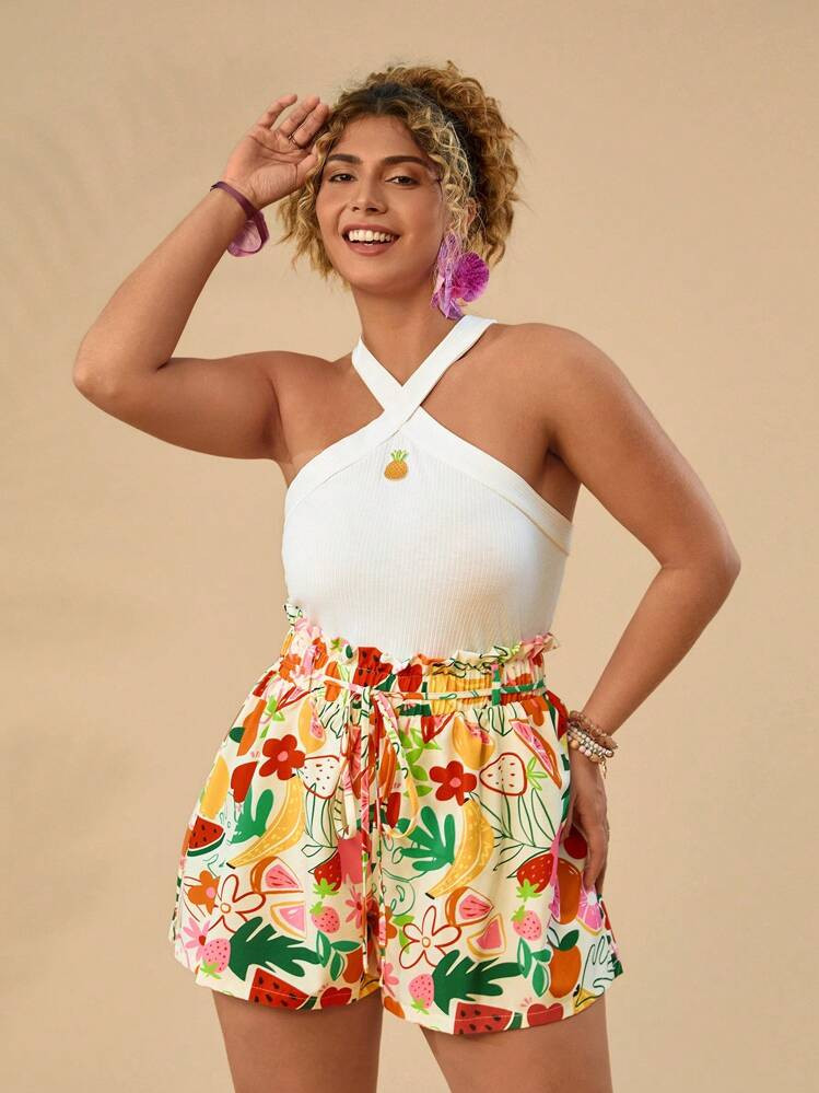 Travachic Plus Size Tropical Fruit Print Pineapple Embroidered Shoulder Top & Tie-Dye Printed Shorts 2pcs Set | SHEIN