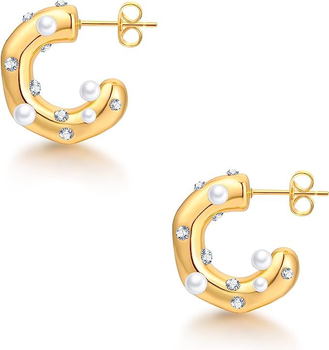 Chunky Gold Hoop Earrings for Women,18K Gold Plated Small Thick Open Gold Hoops Trendy Pearl Twis... | Amazon (US)
