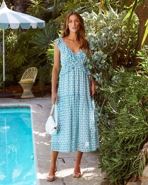 Iris Floral Ruffle Midi Dress - Blue - FINAL SALE | VICI