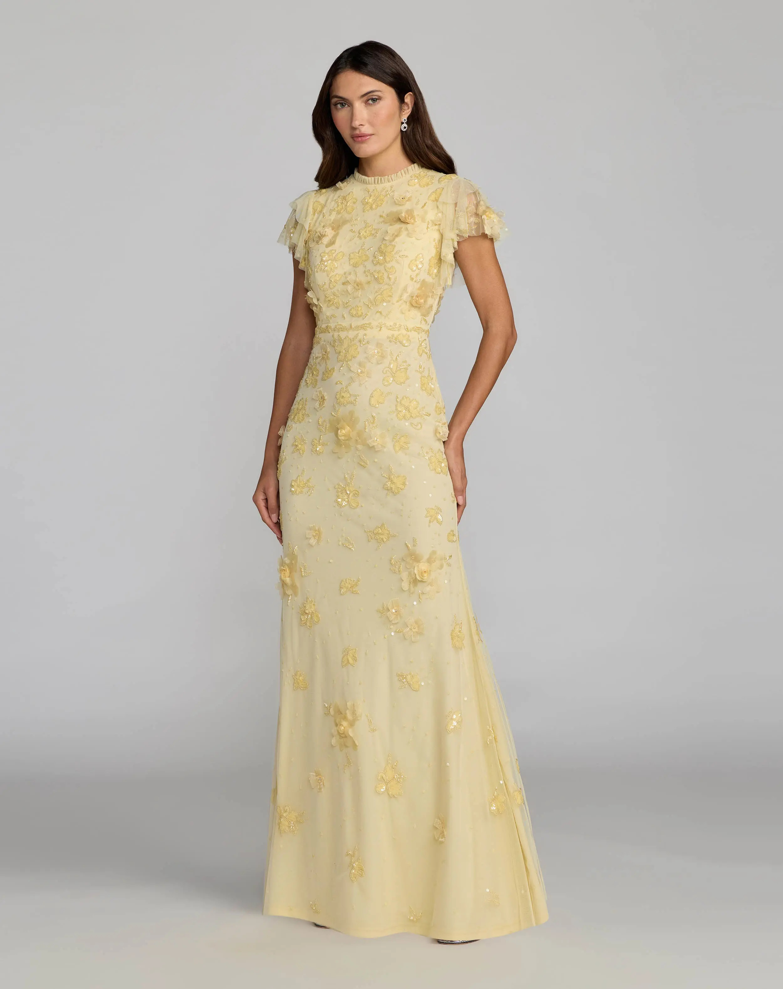 Yellow Floral Embellished High Neck Flutter Sleeve Gown | Mac Duggal | Mac Duggal