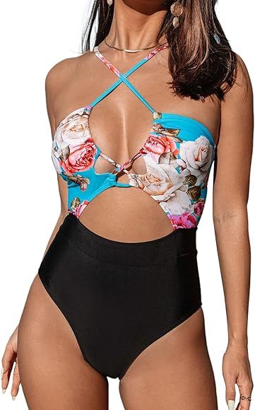 CUPSHE Women's One Piece Swimsuit Plunge Neckline Cutout Criss Cross Bathing Suit | Amazon (US)