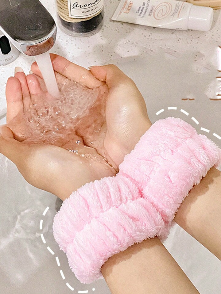 2pcs Solid Color Plush Bathroom Face Towel Wristband, Sports Wiping Sweat Hand Ring, Absorbent Sl... | SHEIN