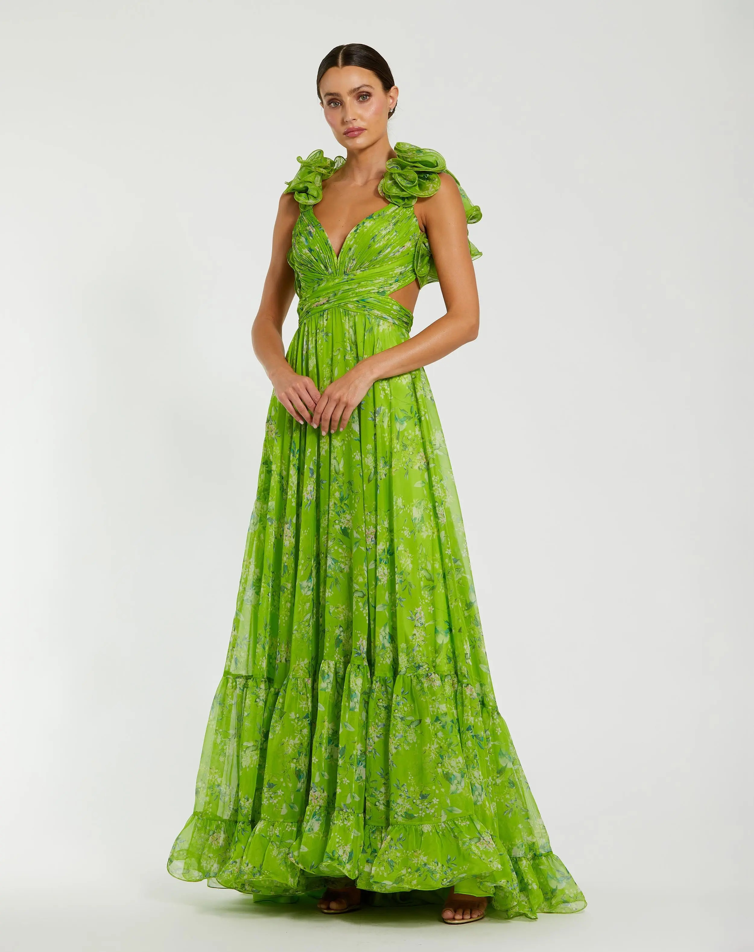 Green Ruffle Tiered Floral Cut-Out Chiffon Gown | Mac Duggal | Mac Duggal