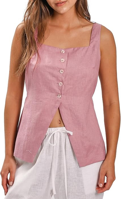 Amazhiyu Women's 100% Linen Square Neck Vest Tops Button Up Sleeveless Waistcoat | Amazon (US)