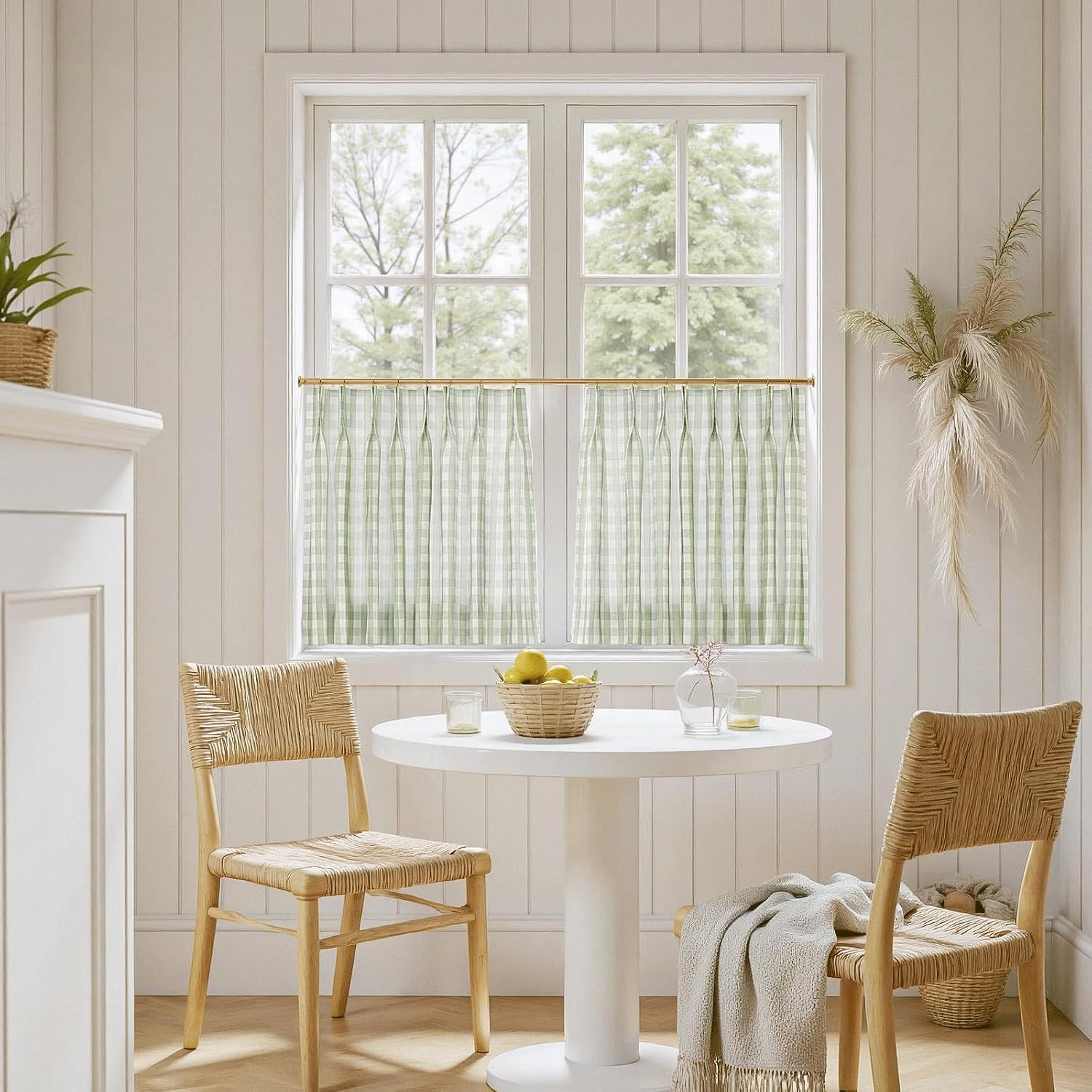 TWOPAGES Pinch Pleat Cafe Curtains 30 Inch Long Buffalo Plaid Light Filtering Farmhouse Half Window Curtains for Bathroom (Light Green Small Plaid, 26W x 30L Inches, Set of 2) | Amazon (US)
