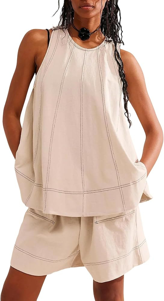 Women's 2 Piece Outfits Sleeveless Crew Neck 2025 Summer Casual Loose Tank Top Wide Leg Shorts wi... | Amazon (US)