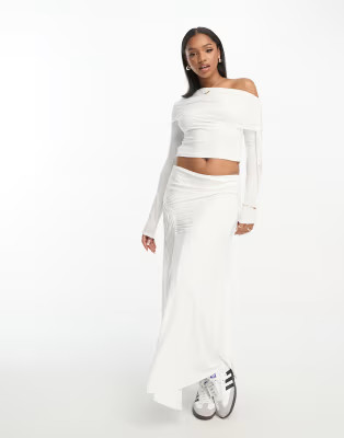 ASOS DESIGN asymmetric hem midi skirt co-ord with ruching detail in ivory | ASOS (Global)