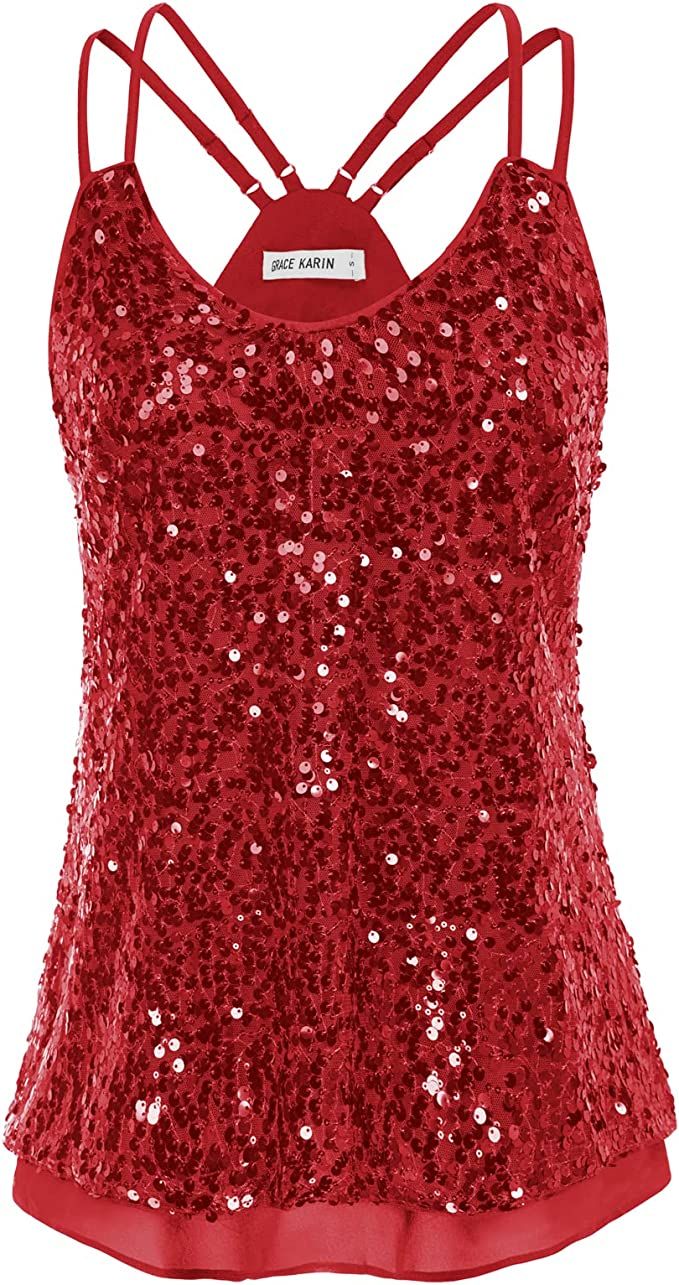 GRACE KARIN Women's Sleeveless Sparkle Shimmer Camisole Vest Sequin Tank Tops | Amazon (US)